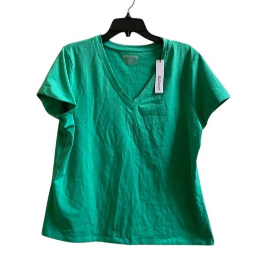 Chicos Green V-Neck Short Sleeve T-Shirt Size XL Cotton/Spandex Blend